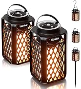Set of outdoor solar lanterns with flame effect. Black lattice design, handle for hanging. Shown in various sizes and with ground stake option.