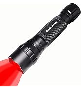 Black 'DANBEAM' tactical flashlight with textured grip pattern emitting a bright red beam. Features knurled aluminum body and adjustable focus head design.