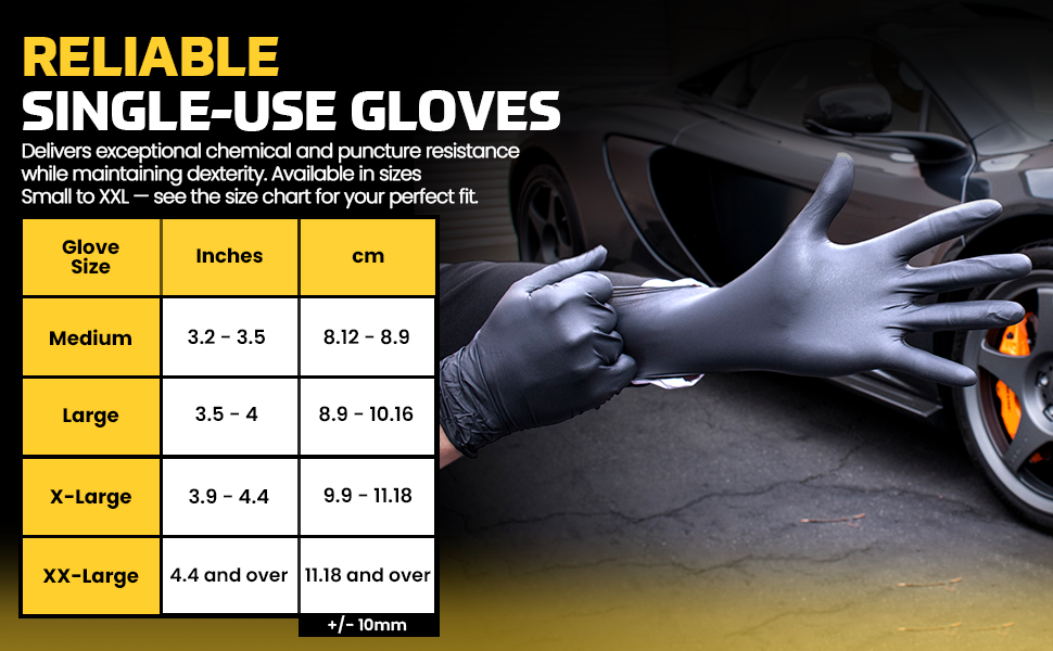 Person pulling on black single use glove beside car with glove size chart displayed.