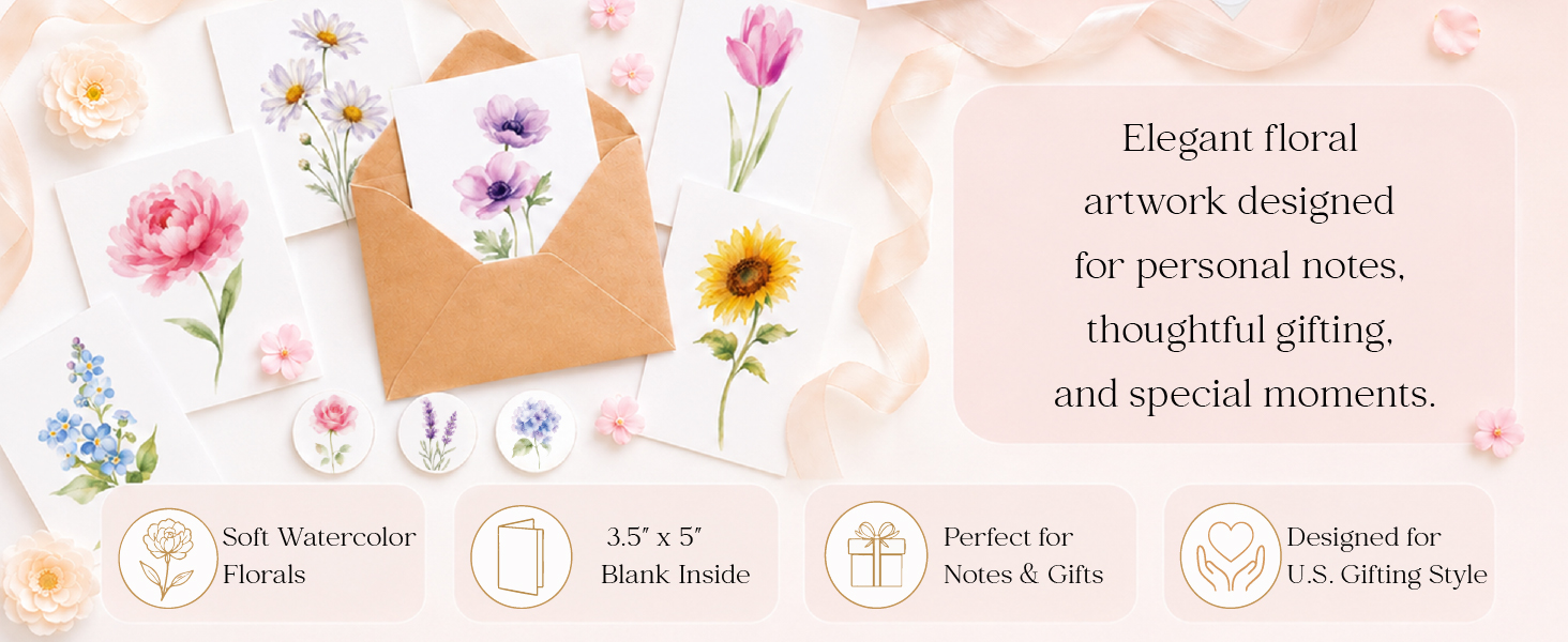 Pack 50 Watercolor Flowers Cards