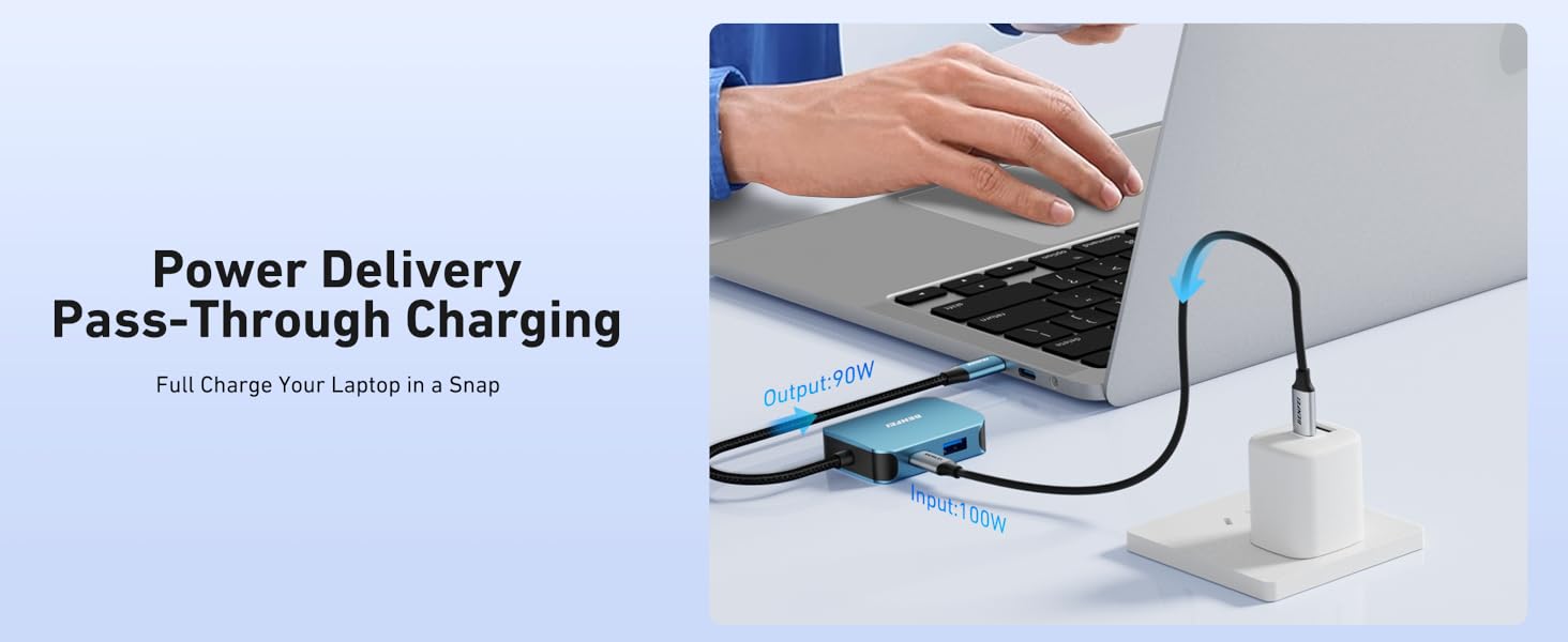 Text reads 'Power Delivery' and 'Pass-Through Charging'. Product demonstration shots showing charging cable and device connectivity features.