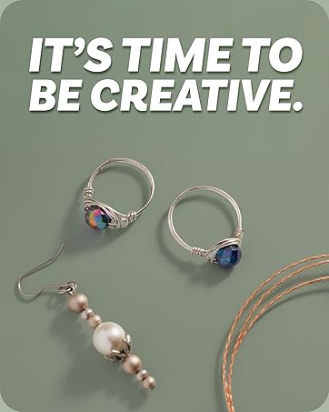 It's time to be creative text with a finished wire bracelet with green beads.