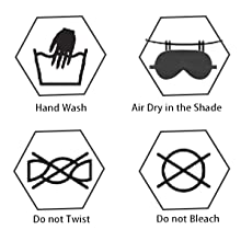 Four laundry care symbols in hexagons: hand wash, air dry in shade, do not twist, and do not bleach.