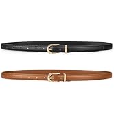 maikun 2 Pack Skinny Belt Women, Leather Waist Belt with Gold Alloy Buckle for Jeans Pants Dress