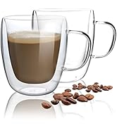 HORLIMER 15 oz Double Walled Glass Coffee Mugs Set of 2, Clear Insulated Coffee Cup with Handle f...