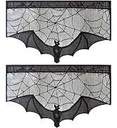 ZeeDix 2 Pcs Halloween Lace Bat Curtains Black Spiderweb Window Curtain | 2 Pcs Black Lace Bat Cu...