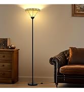 Floor Lamp with Stained Glass Shade, Vintage Style Torchiere Standing Lamp, Tall Pole Lamp with F...