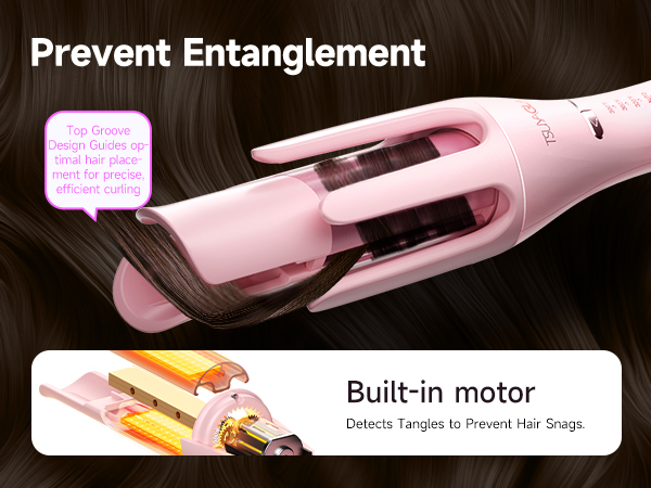 Text reads 'Prevent Entanglement' and 'Built-in motor'. Pink cylindrical hair styling tool with rotating barrel and heat indicator display shown with before/after hair texture examples.