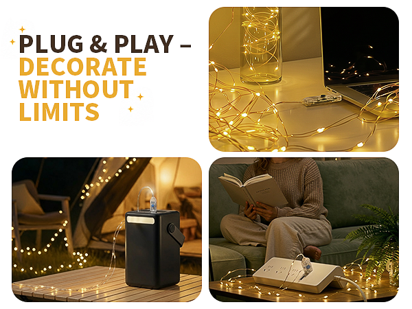 USB powered fairy lights plugged into laptop and power bank for indoor outdoor use