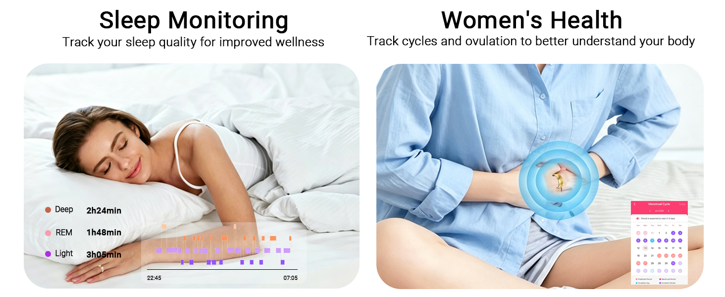 Smart ring tracks sleep stage, sleep score, HRV data women's health and overnight wellness insights.