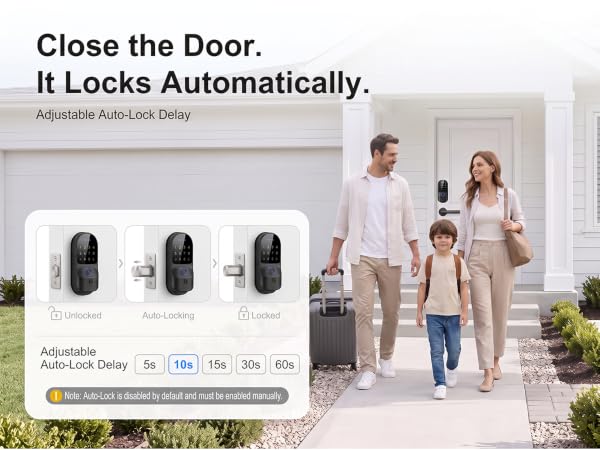Set a 5–60 second delay to automatically lock the door after it closes.