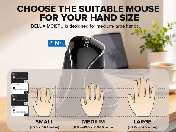 DELUX Wireless Ergonomic Vertical Mouse,Ergo Mouse for Large Hands (M618PD)