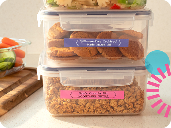 Meal prep containers with Brother Btag labels with food types, allergens, and dietary restrictions