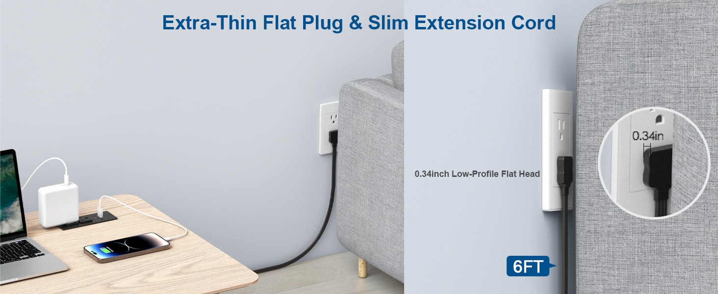 Ultra Thin Flat Plug Recessed Power Strip