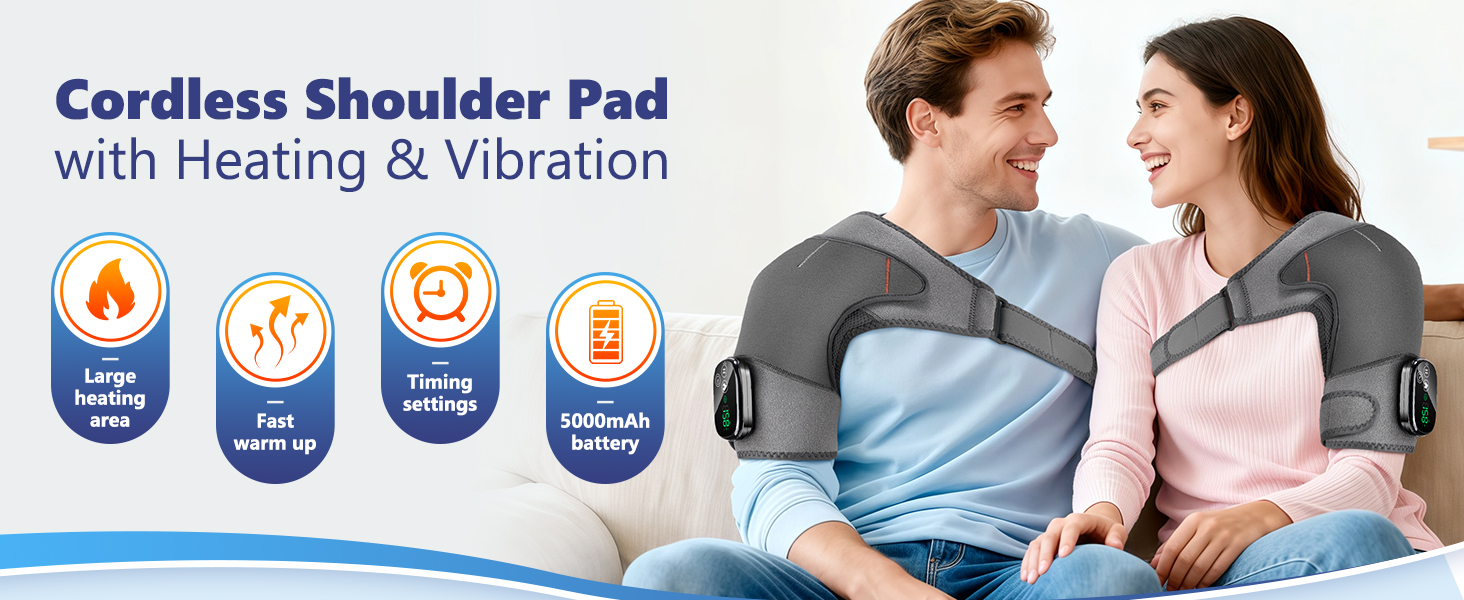 Cordless shoulder heating pad with vibration massage featuring large heating area, fast warm up