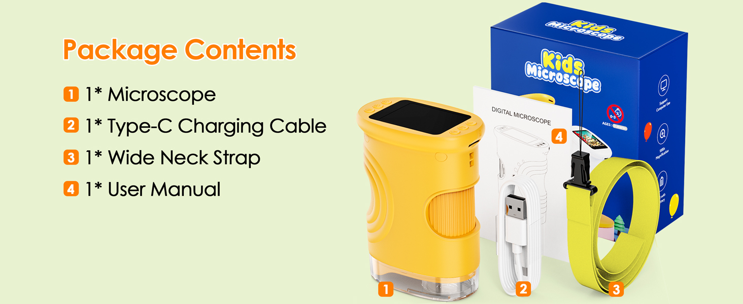 Text reads: 'Package Contents: 1* Microscope, 1* Type-C Charging Cable, 1* Wide Neck Strap, 1* User Manual' with yellow and blue product packaging.