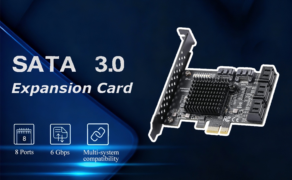 Text reads 'SATA 3.0' and 'Expansion Card'. Technical product image showing computer expansion card with ports and connectors against dark blue background.
