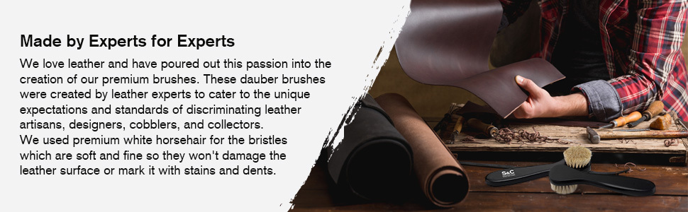 shoe polish applicators on the cobbler table with leather and shoe making tools