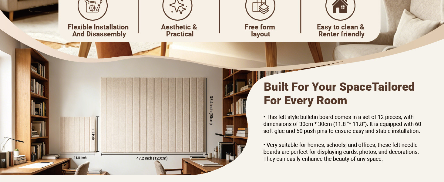 Cork Board Tiles Alternative with 60 Adhesive Tabs & 50 Pushpins