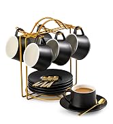 Espresso Cups with Saucers Set with Cup Holder 4 oz Cappuccino Cups Set of 6 - Teacup for Tea Par...