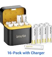 imuto Rechargeable AA Lithium Batteries with Charger, 3600mWh, 16 Pack