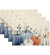 Fall Placemats Set of 4 Blue Orange Pumpkin Leaves Decor Place Mats 12x18 Inch Autumn Leaf Harves...