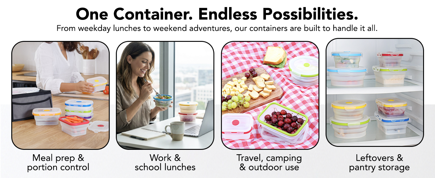 meal prep, work and school lunch, travel and camping, leftovers