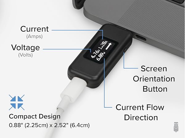 USBC voltage and amperage meter with current, voltage, flow direction and screen orientation button