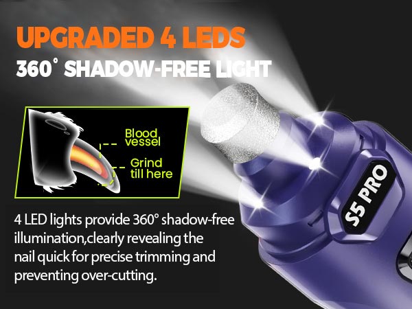dog nail grinder with upgare 4leds shadow-free light