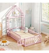 Giantex Twin House Floor Bed for Kids, Wood Montessori Bed Frame with Detachable House-Shaped Hea...