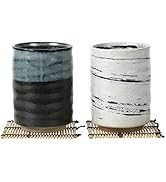 LOVE LOVE JAPAN Japanese Tea Cups Sushi-Yunomi Mino Ware With Bamboo Coaster (Set of 2) (Black Wh...