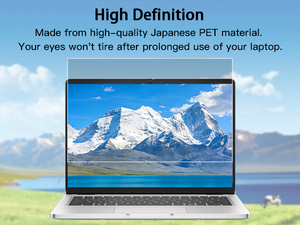 Text reads 'High Definition' and 'Made from high-quality Japanese PET material. Your eyes won't tire after prolonged use of your laptop.' Laptop screen against mountain landscape background.