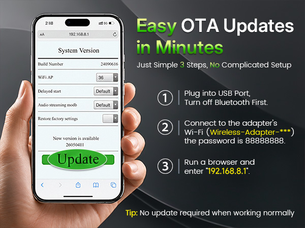 Wireless Android Auto adapter supports OTA maintenance for smoother long-term vehicle use.