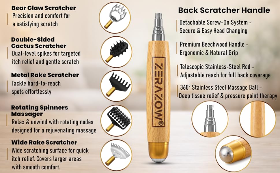 Back Scratcher Set includes Beech Wood Handle, Massage Ball, and 5 Interchangeable Scratching Heads