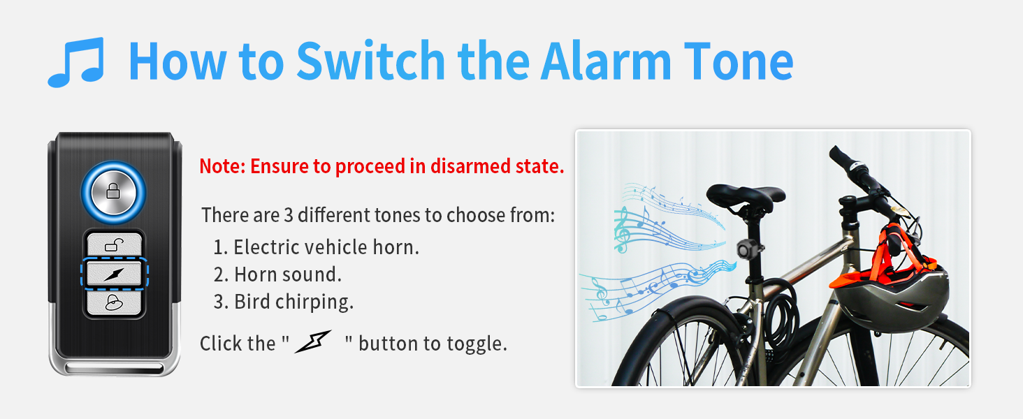 Text reads 'How to Switch the Alarm Tone'. Interface guide showing bike alarm settings with icons and step-by-step instructions for changing alert sounds.