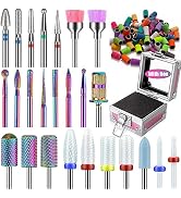 25Pcs Nail Drill Bits Set with Pink Holder and 50Pcs 8 Colors Sanding Bands, Tungsten Carbide Cer...