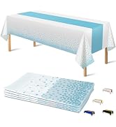 OHOME 4 Pack Disposable Plastic Table Cloths for Parties,White and Light Blue Rectangle Table Cov...
