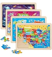SYNARRY Large US World Earth Solar System Wooden Puzzles for Kids Gift Box(12.2*9.4 in) - FSC Cer...