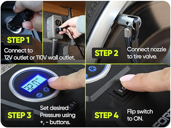 Easy 6-step setup: just plug in, set your pressure, and the inflator stops automatically when done.