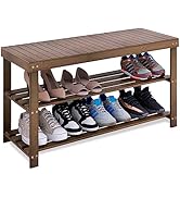 SMIBUY Bamboo Shoe Rack Bench, 3-Tier Shoe Organizer Storage Shelf for Entryway Hallway Bathroom ...