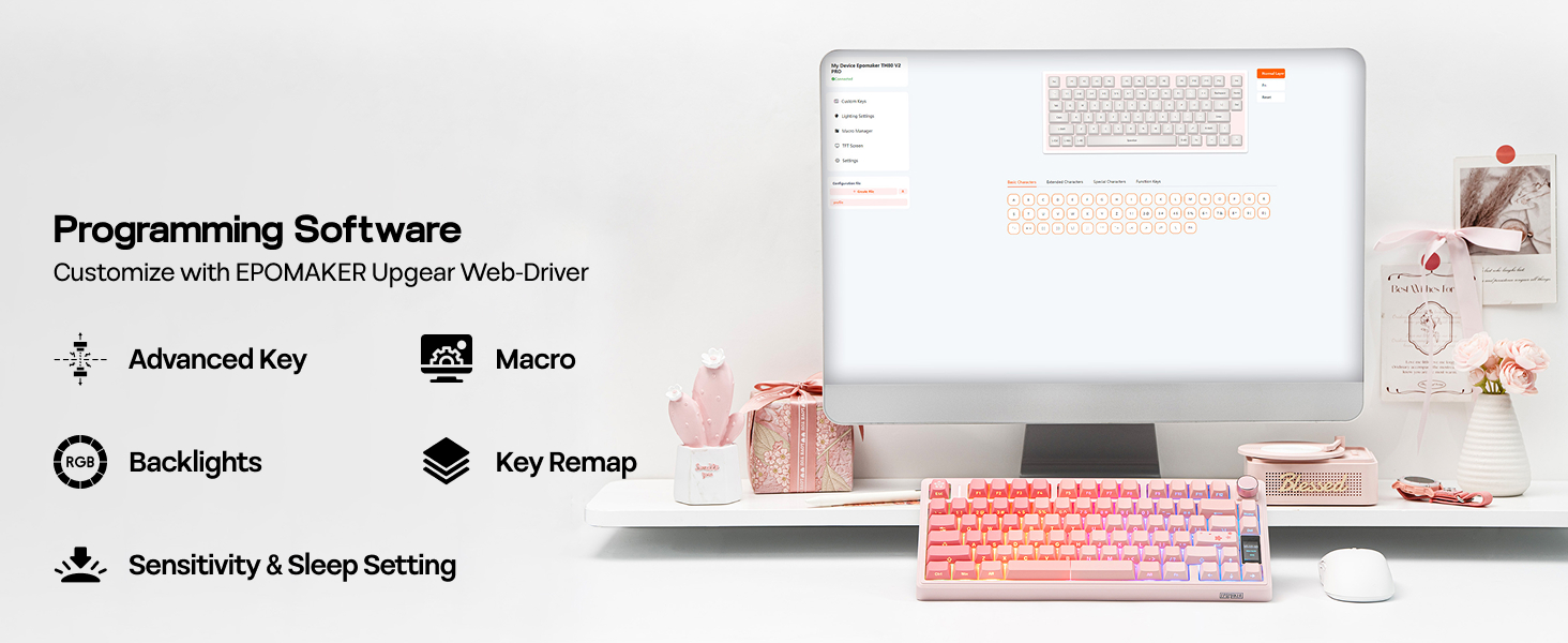 Text reads 'Programming Software' with icons for 'Automatization,' 'Designs,' 'Sensitivity & Sleep Setting,' 'Macro,' and 'Non-Irritant.' Computer setup with pink keyboard displayed on screen.