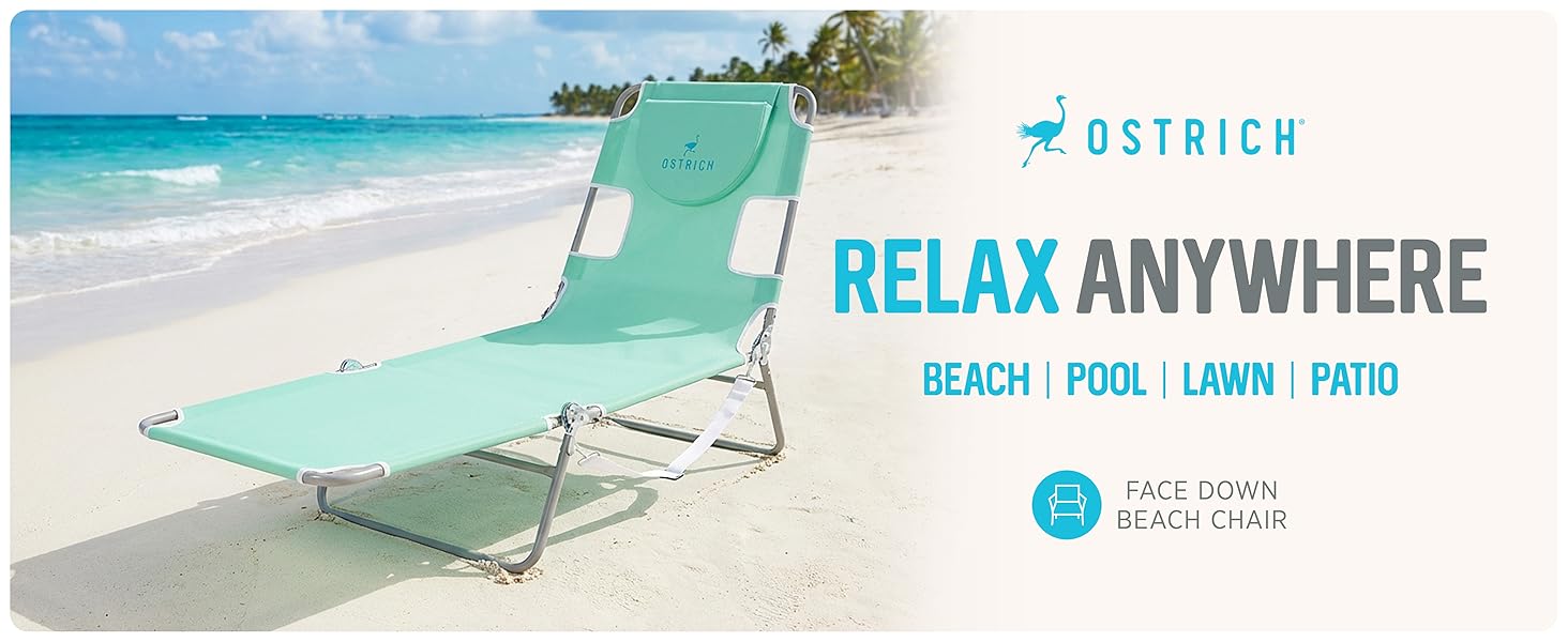 A blue beach chair on the beach. Text reads: Ostrich Relax Anywhere.