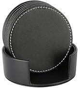 AUMISKY Set of 6 Leather Drink Coasters Round Cup Mat Pad with Holder for Tabletop Protection, Ho...