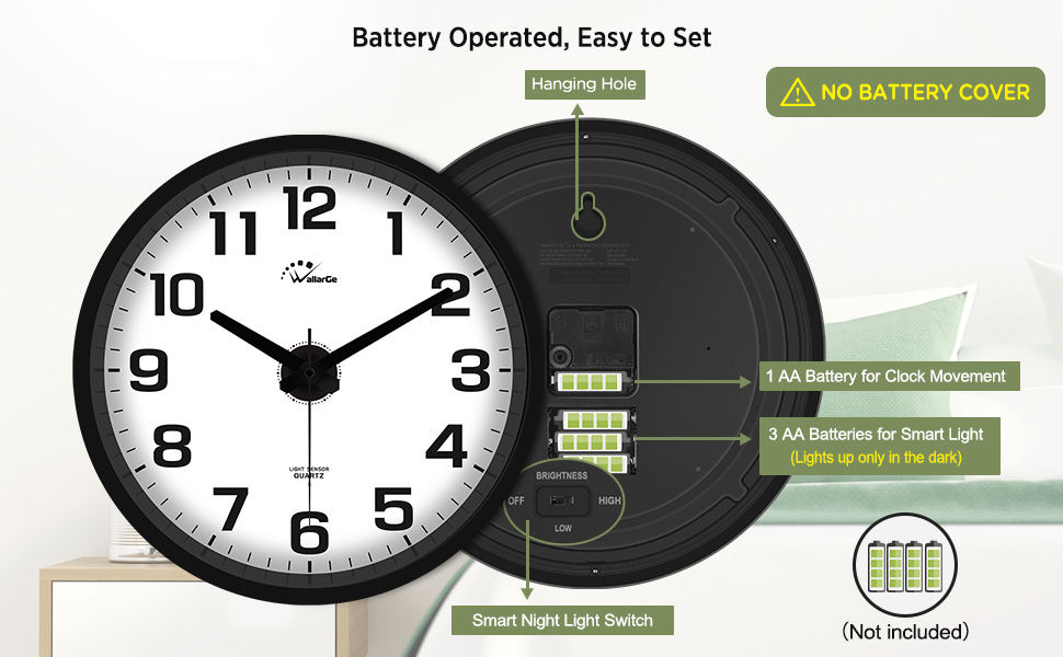 Battery Operated Wall Clock with Smart Light