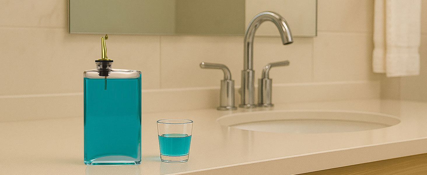 Glass dispenser filled with blue mouthwash next to a small glass on bathroom counter