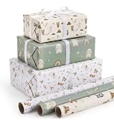 woric 3 Rolls Neutral Baby Shower Wrapping Paper Mini Roll | Woodland Animal Prints for Newborn C...