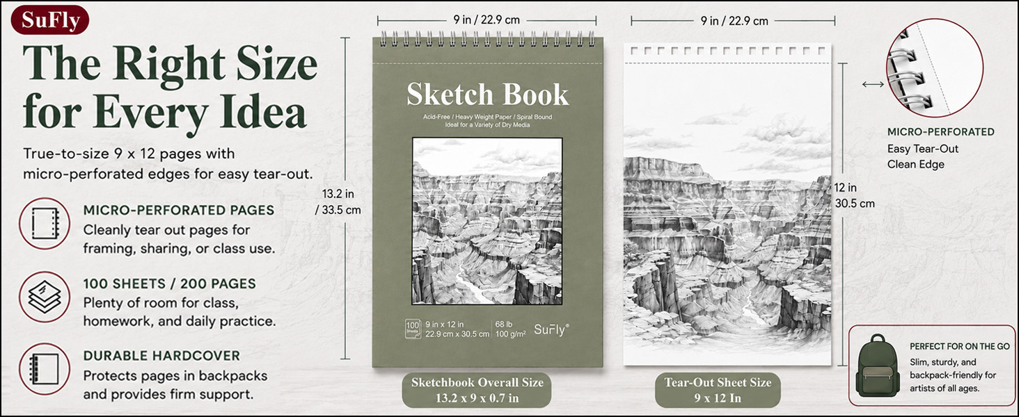 SuFly 9x12 drawing pad with size labels, white paper, hard cover, and tear-out sheet shown.