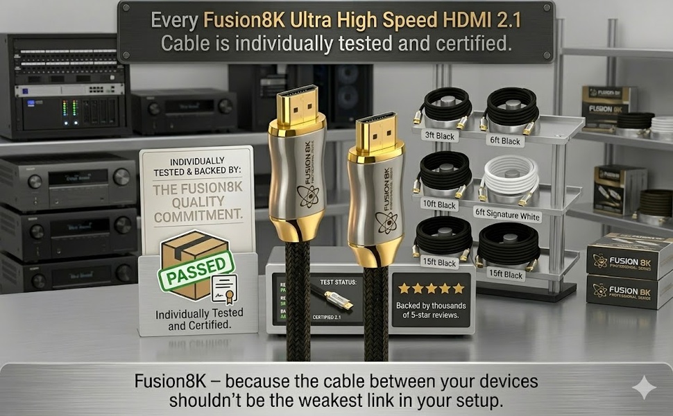 Fusion8K HDMI cable collection showing all available lengths and colors