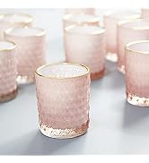 SHMILMH Pink Votive Candle Holders Set of 24, Glass Tealight Holders Bulk with Gold Rim, Tea Cand...