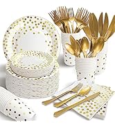 AIRE 175PCS White and Gold Paper Plates Party Supplies for 25 Guests Disposable Party Decorations...